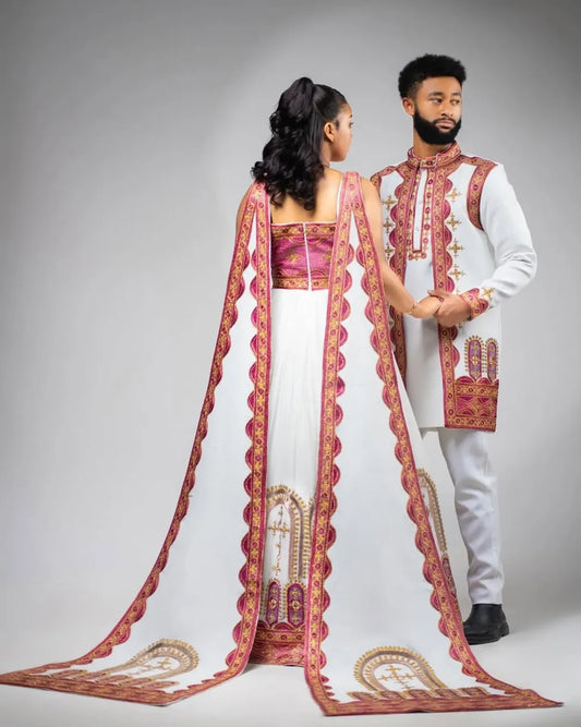 Rose Gold Habesha Couples Outfit | Modern Ethiopian Matching Set