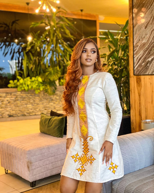Modern Yellow Lightweight Short Habesha Kemis Ethiopian Dress ethgebya habesha kemis gebeya