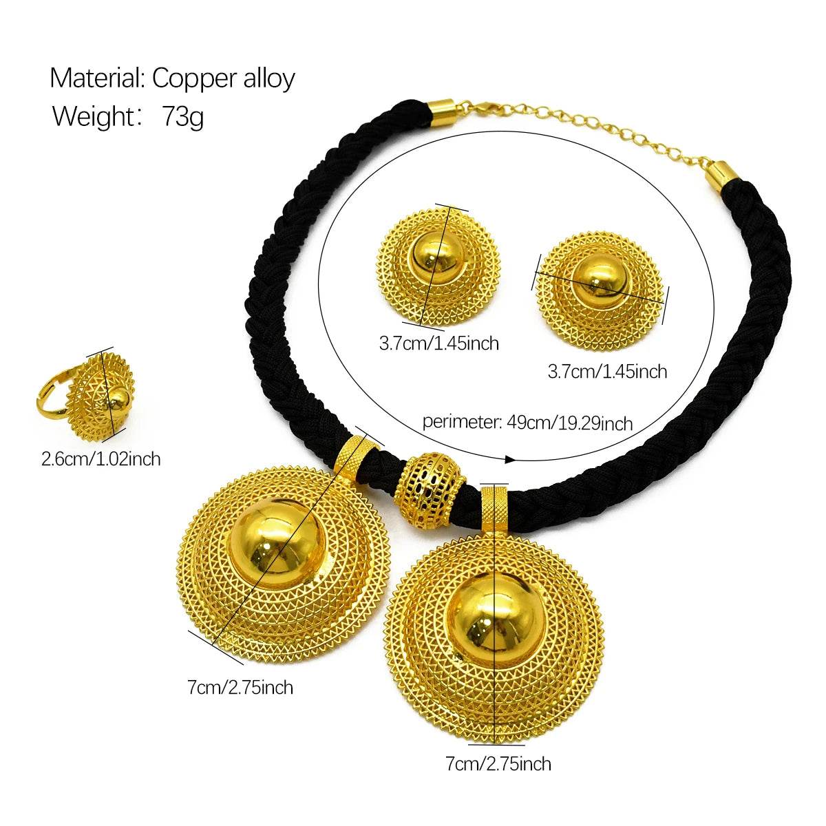 24K Gold Plated Habesha 3 Set Jewelry Set, Black Rope Necklace - EthGebya