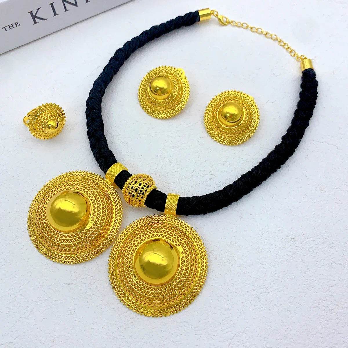 24K Gold Plated Habesha Jewelry Set, Black Rope Necklace Ethiopian & Eritrean Bridal Wedding Jewelry - EthGebya