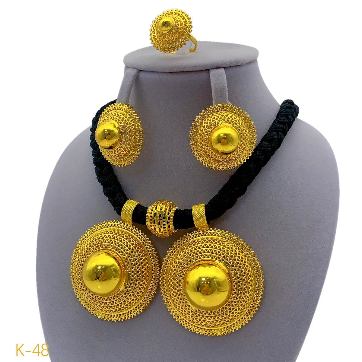 24K Gold Plated Habesha Jewelry Set, Black Rope Necklace Ethiopian & Eritrean Bridal Wedding Jewelry - EthGebya