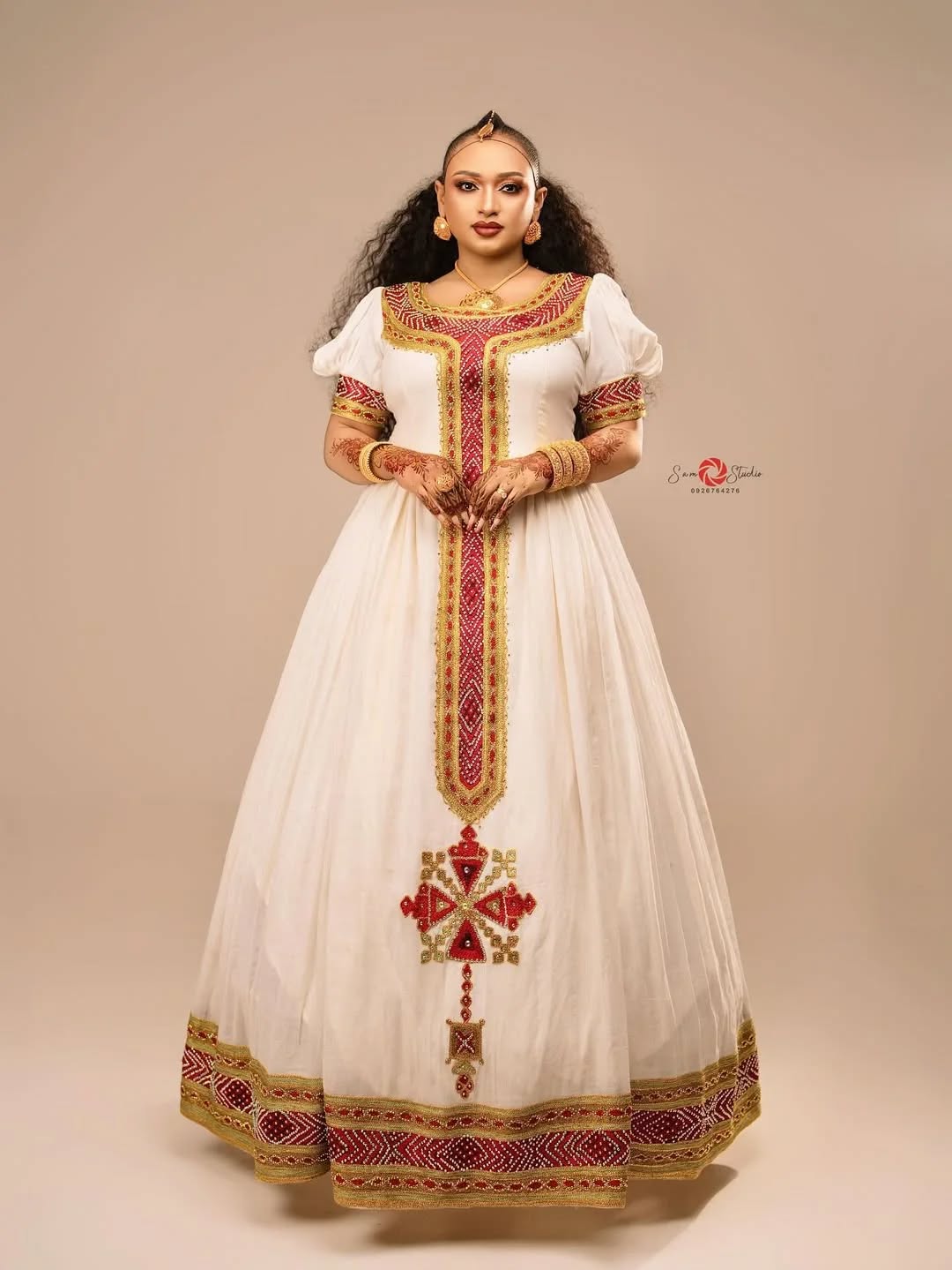 Modern Red & Gold Zuria Kemis | Tilf Embroidered Ethiopian Dress