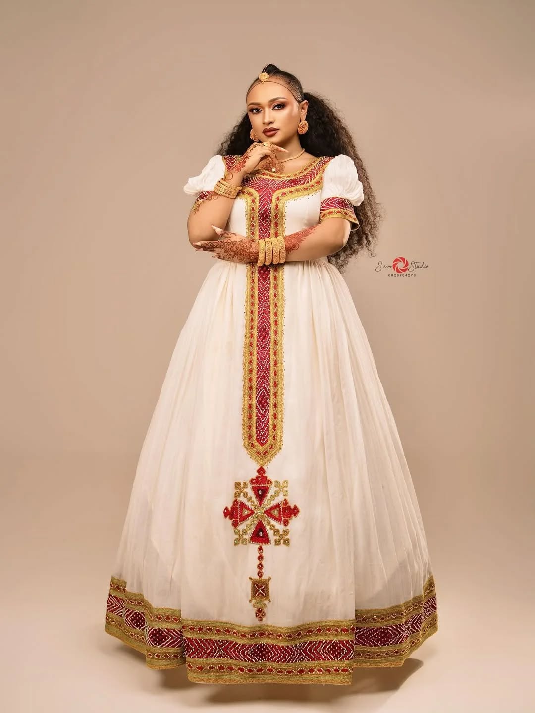 Modern Red & Gold Zuria Kemis | Tilf Embroidered Ethiopian Dress
