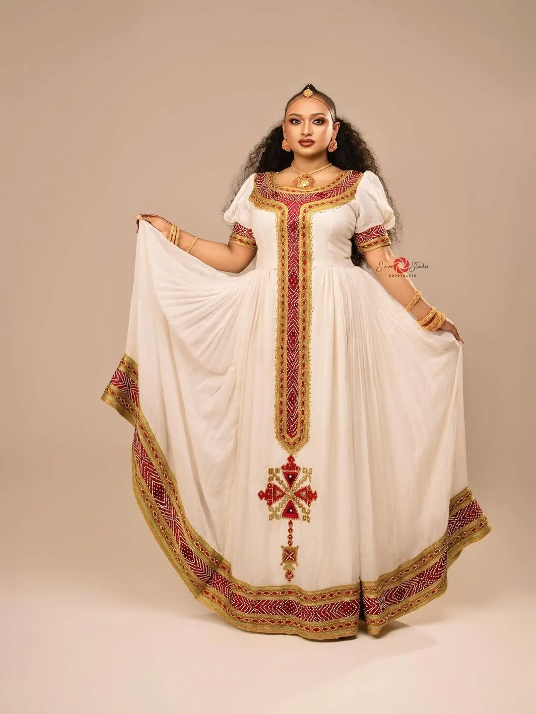Modern Red & Gold Zuria Kemis | Tilf Embroidered Ethiopian Dress