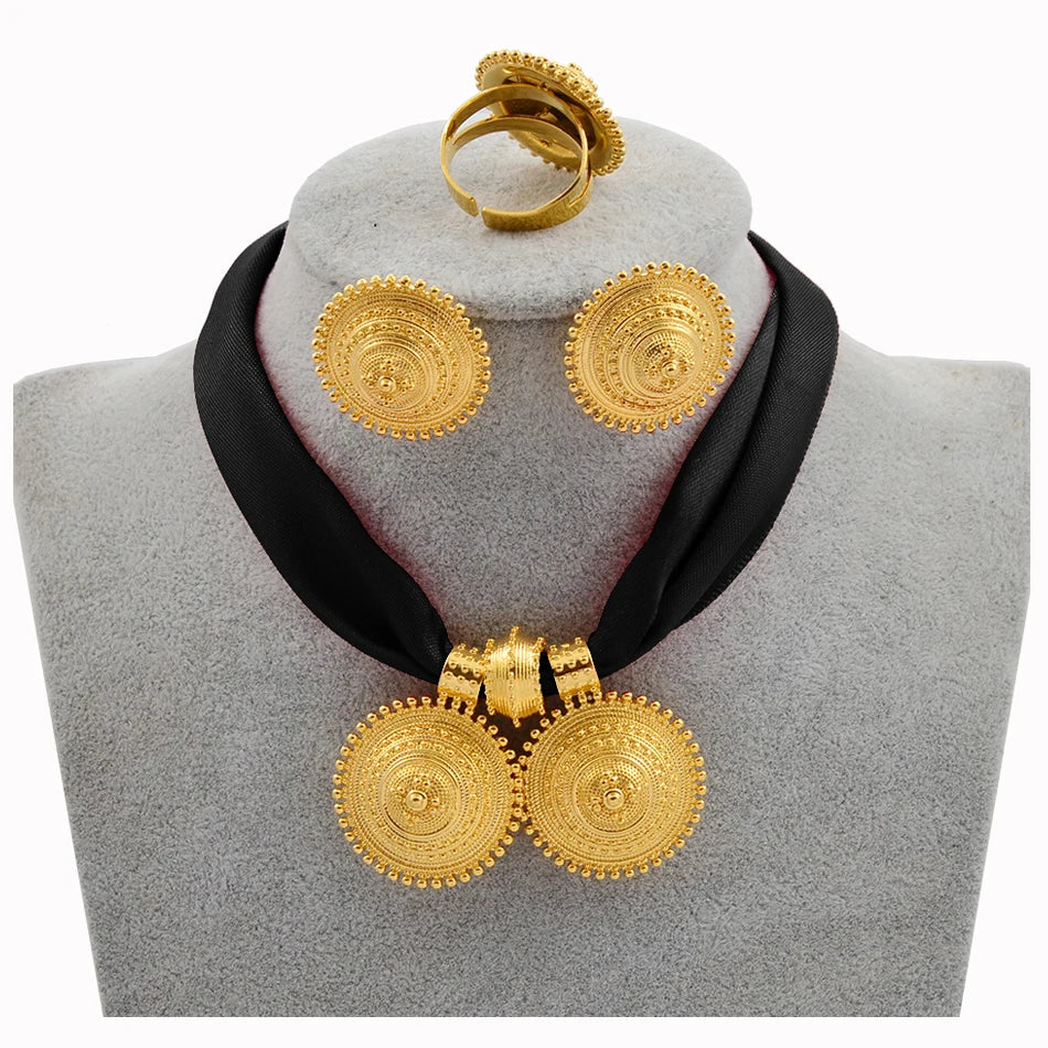 Gold Rope Chain Ethiopian Jewelry Set | Habesha Pendant Earrings & Ring
