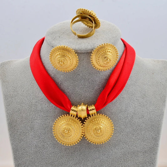 Gold Rope Chain Ethiopian Jewelry Set | Habesha Pendant Earrings & Ring
