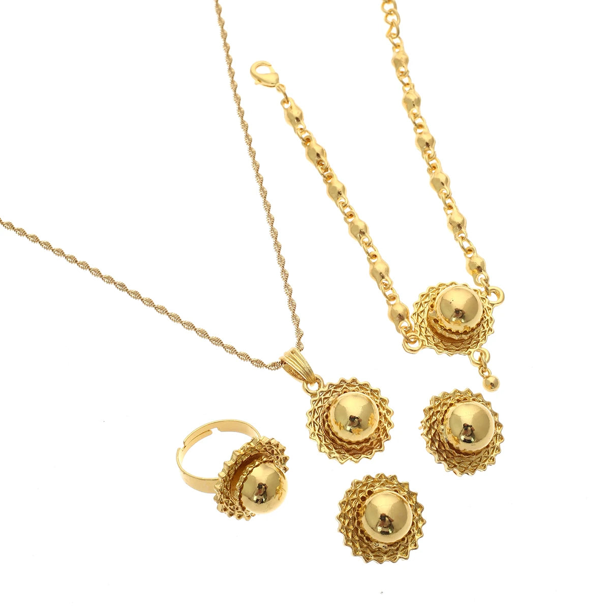 Gold Ethiopian Jewelry Set 4pcs | Earrings, Necklace & Ring for Women