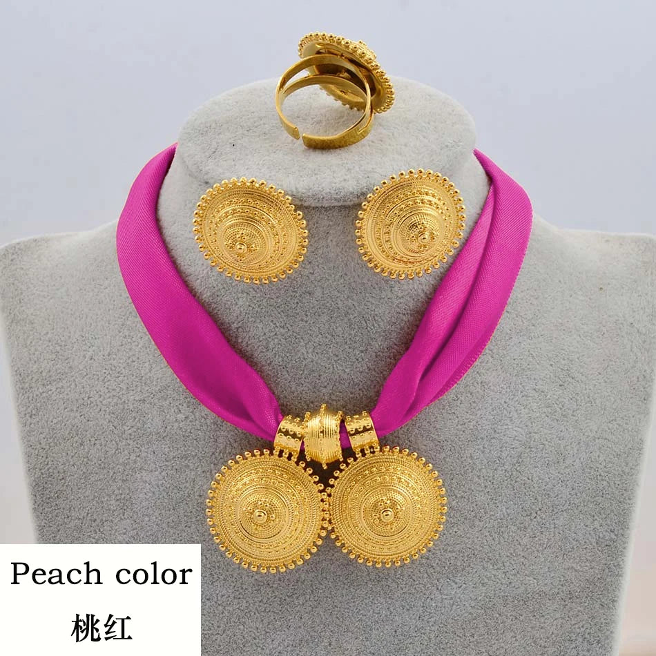Gold Rope Chain Ethiopian Jewelry Set | Habesha Pendant Earrings & Ring