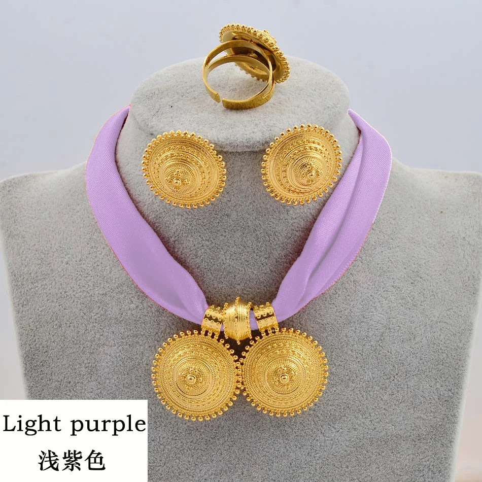 Gold Rope Chain Ethiopian Jewelry Set | Habesha Pendant Earrings & Ring