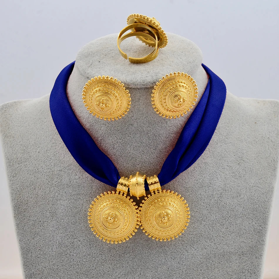 Gold Rope Chain Ethiopian Jewelry Set | Habesha Pendant Earrings & Ring