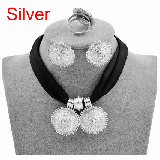 Gold Rope Chain Ethiopian Jewelry Set | Habesha Pendant Earrings & Ring