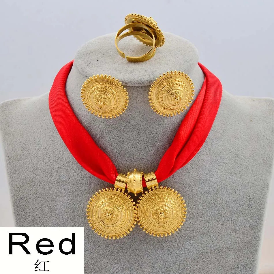 Gold Rope Chain Ethiopian Jewelry Set | Habesha Pendant Earrings & Ring