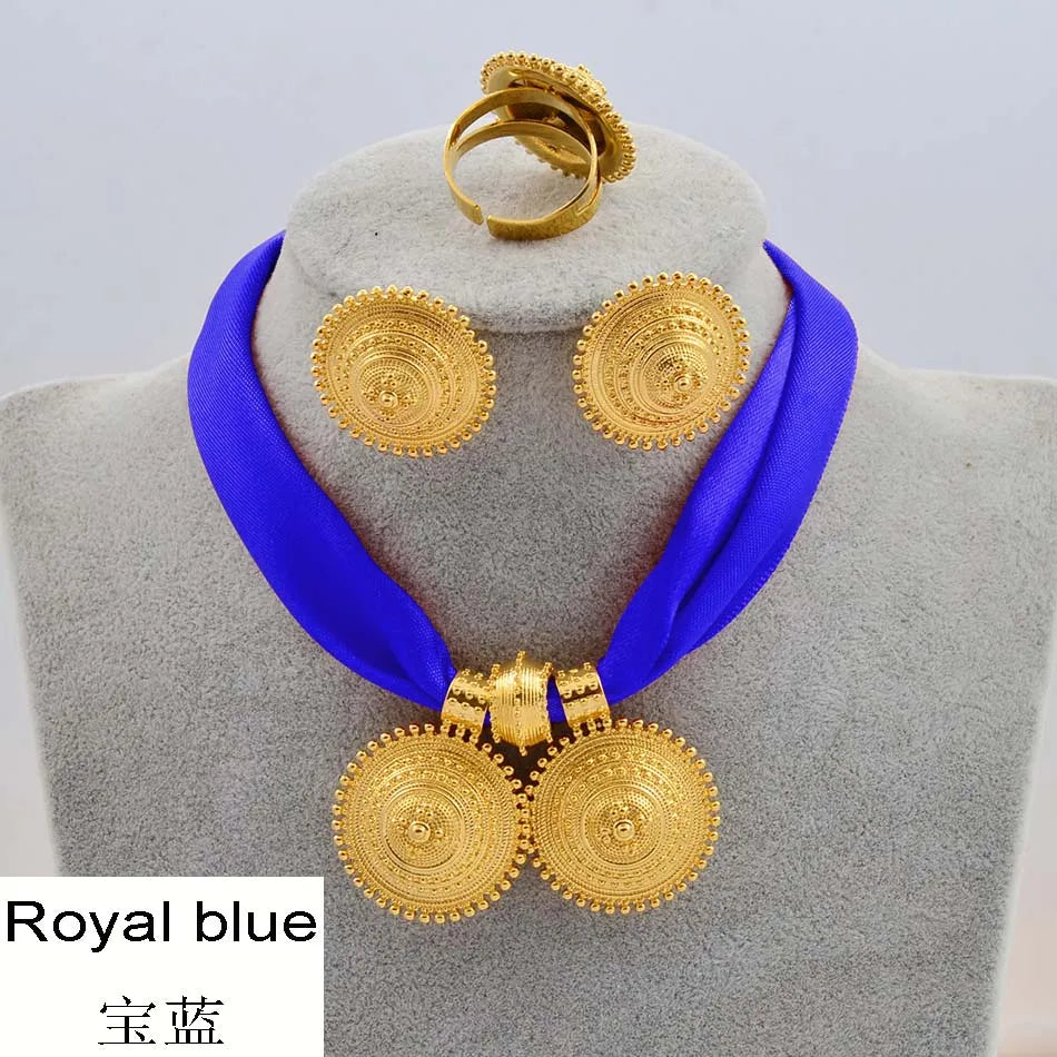 Gold Rope Chain Ethiopian Jewelry Set | Habesha Pendant Earrings & Ring