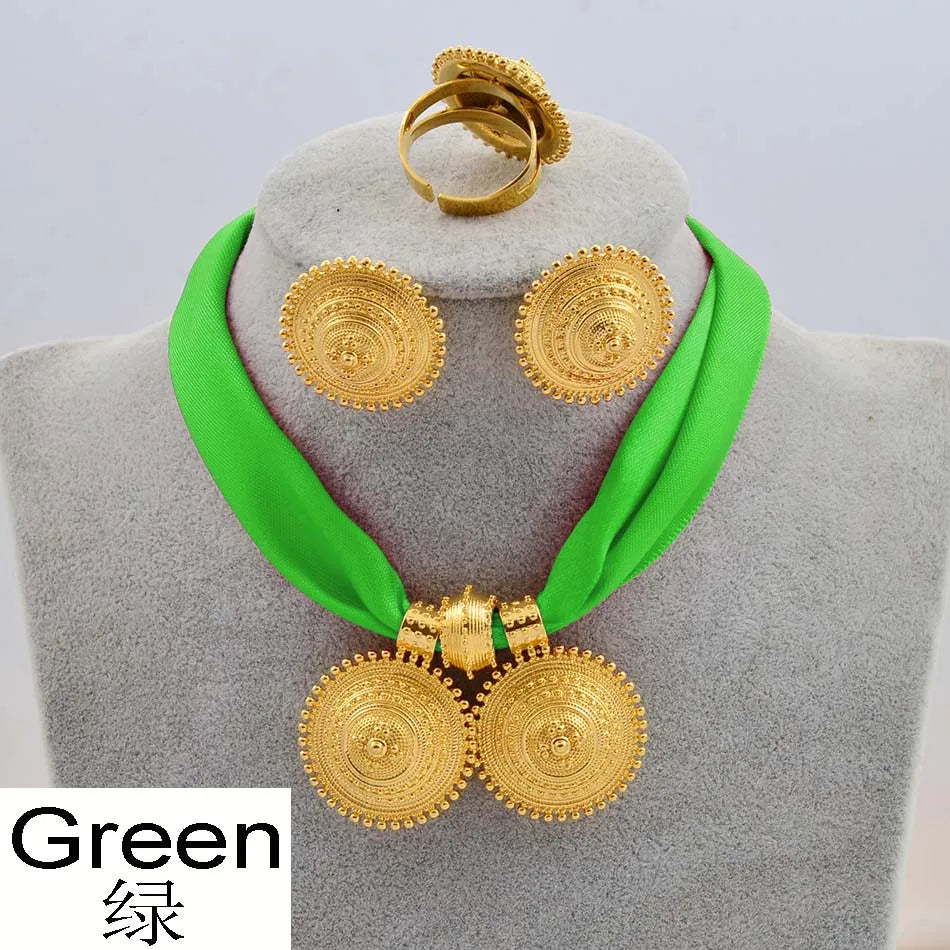 Gold Rope Chain Ethiopian Jewelry Set | Habesha Pendant Earrings & Ring