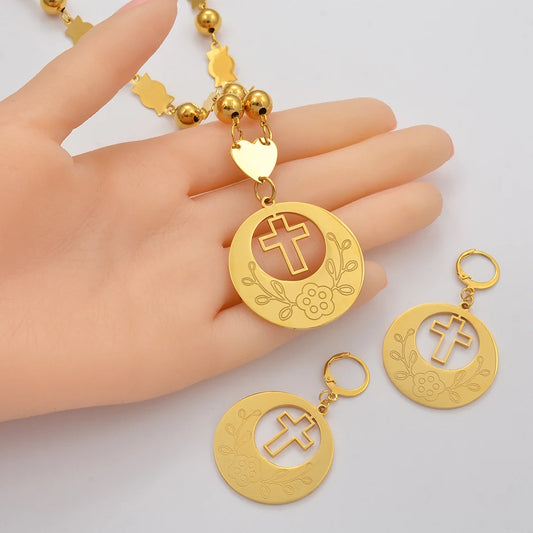 Flower Cross Ethiopian Jewelry Set | Beads Pendant Necklace & Earrings