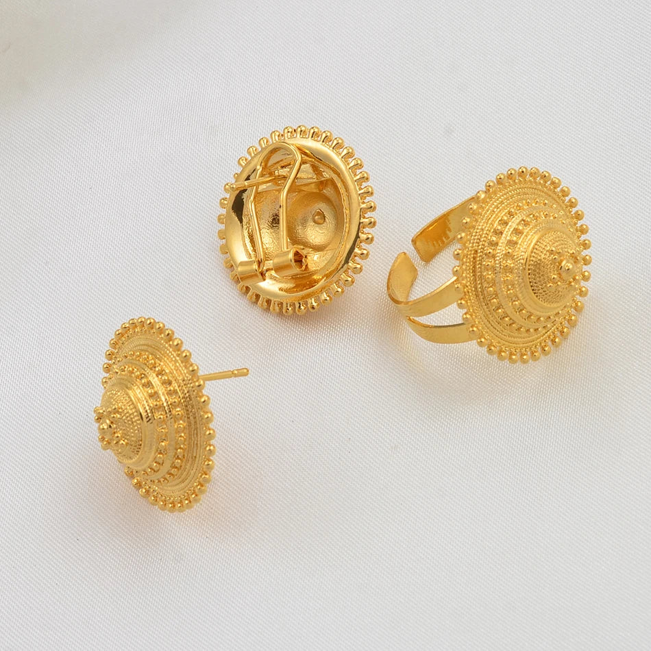 Gold Rope Chain Ethiopian Jewelry Set | Habesha Pendant Earrings & Ring
