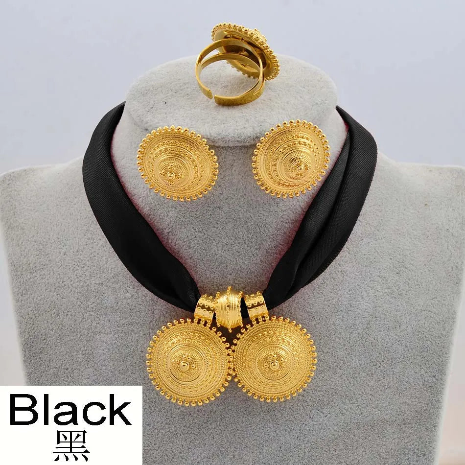Gold Rope Chain Ethiopian Jewelry Set | Habesha Pendant Earrings & Ring