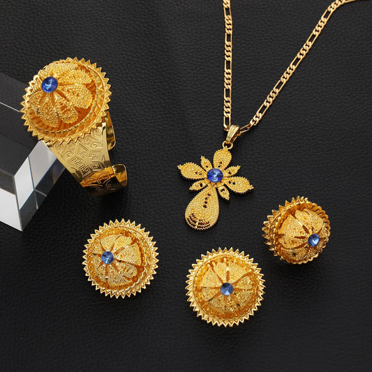 Gold Color Ethiopian Jewelry Set | Red, Blue & Green Stones