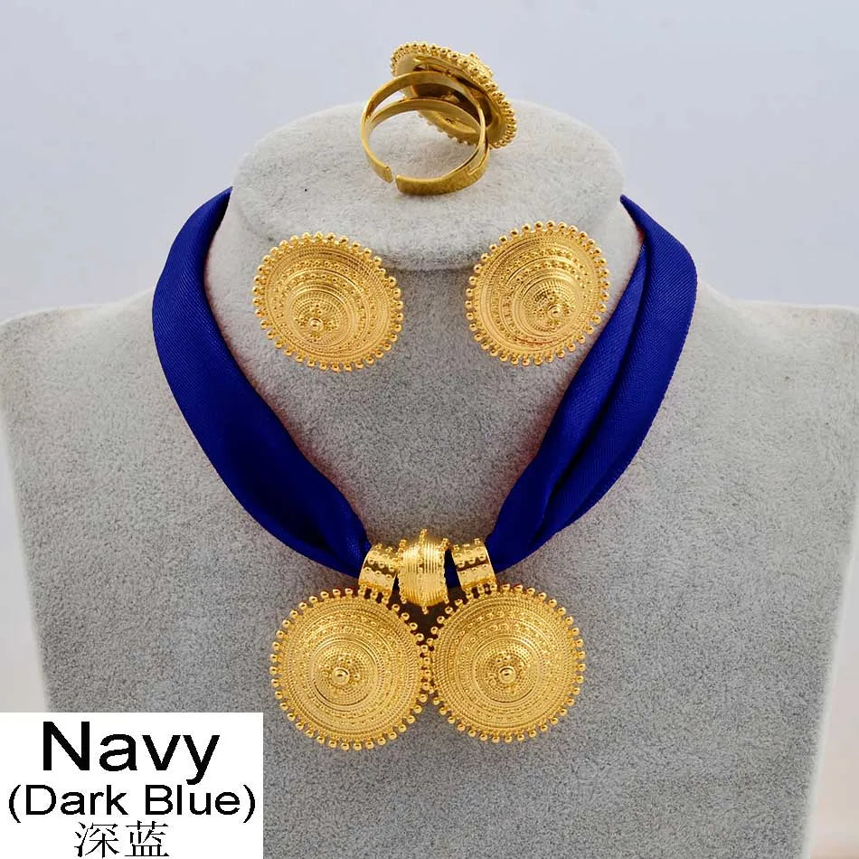 Gold Rope Chain Ethiopian Jewelry Set | Habesha Pendant Earrings & Ring