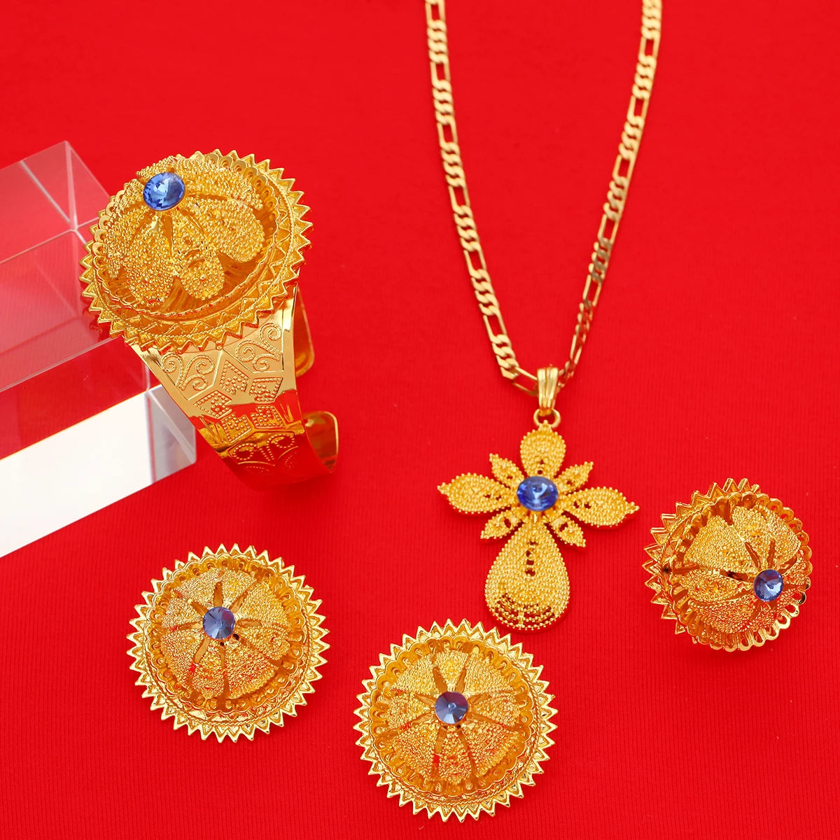 Gold Color Ethiopian Jewelry Set | Red, Blue & Green Stones