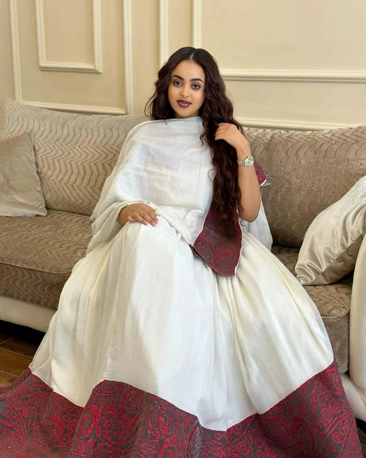 Burgundy Modern Zuria Habesha Kemis | Elegant Ethiopian Dress