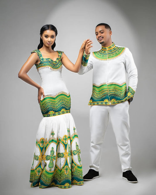 Green & Gold Habesha Couple Outfit New Matching Ethiopian Attire ethgebya gebeya