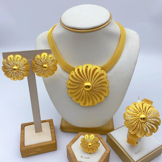 Luxury Ethiopian Round Necklace & Earrings Set | 24K Gold Bridal Jewelry