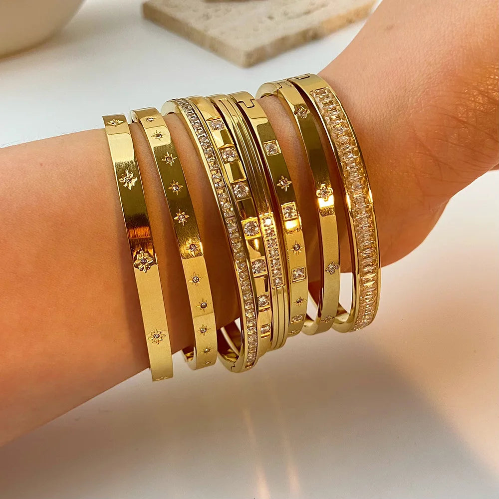 Waterproof Cubic Zirconia Bangles | Luxury Stainless Steel Bracelets