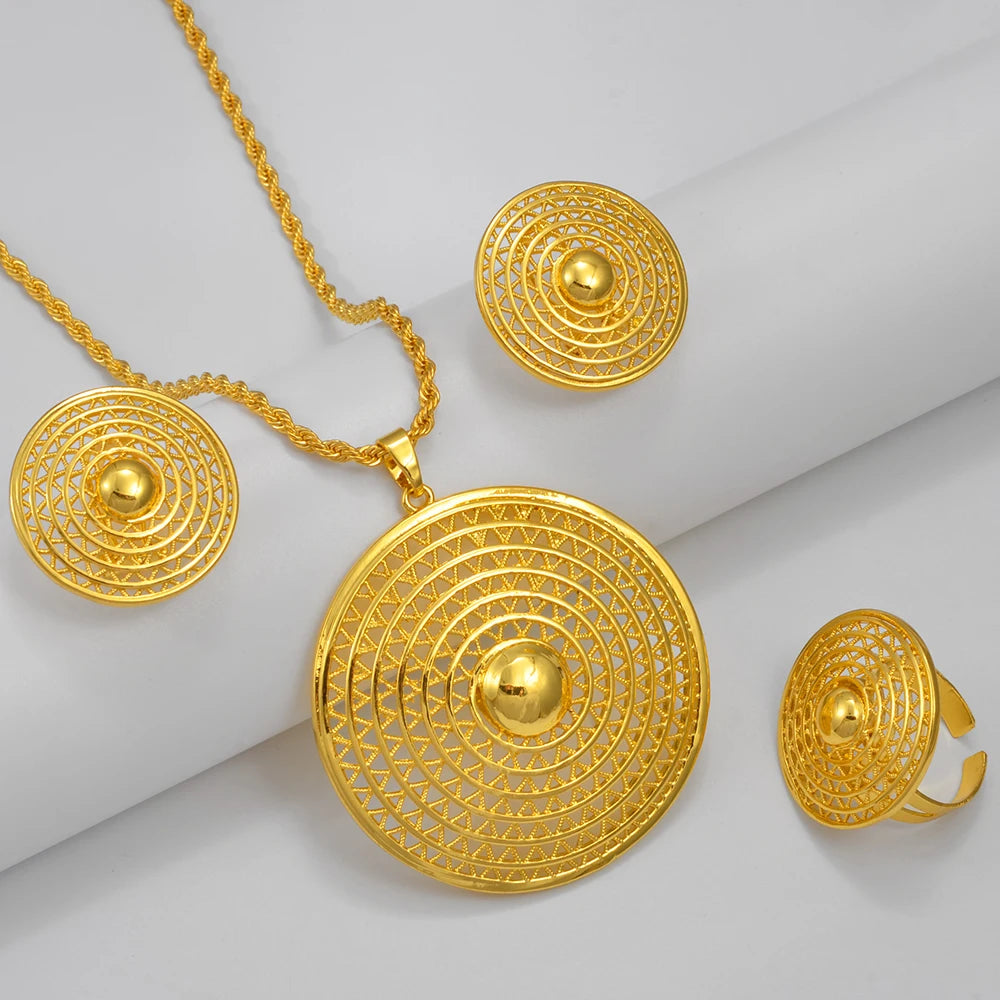 Ethiopian Jewelry Set for Women | New Gold Round Pendant & Earrings