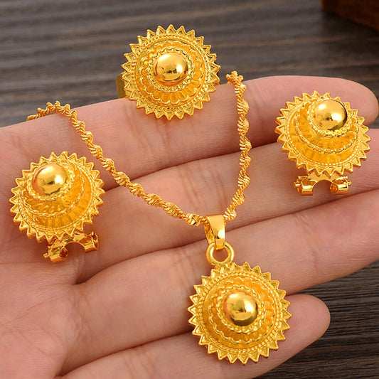 Gold Color Ethiopian & Eritrean Jewelry Set | Necklace, Ring, Pendant