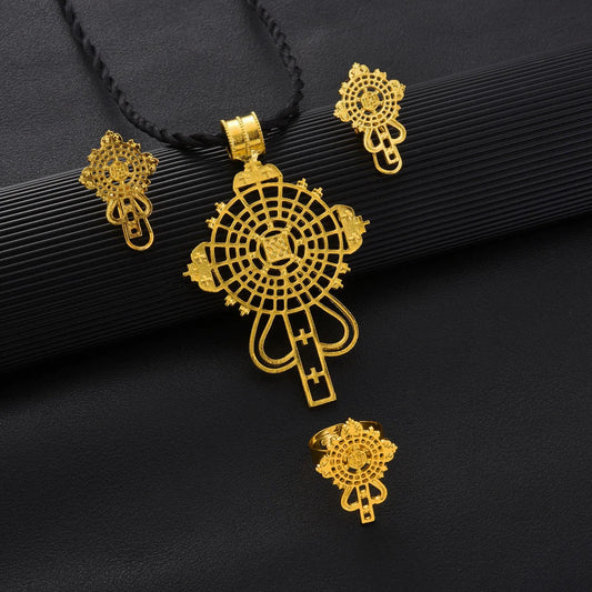 Ethiopian Cross Jewelry Set | Pendant, Earrings & Ring 3-Piece Set