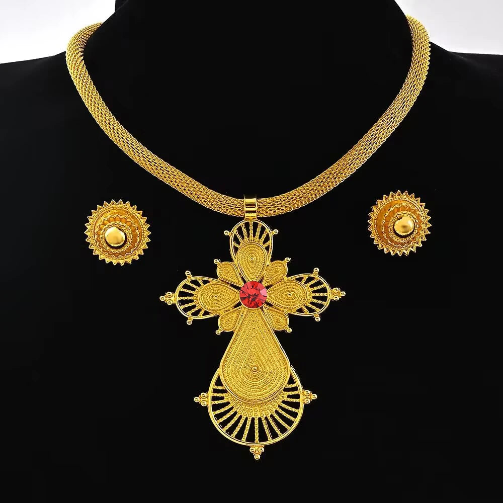 Ethiopian Big Pendant Choker & Earrings | Habesha Jewelry Set