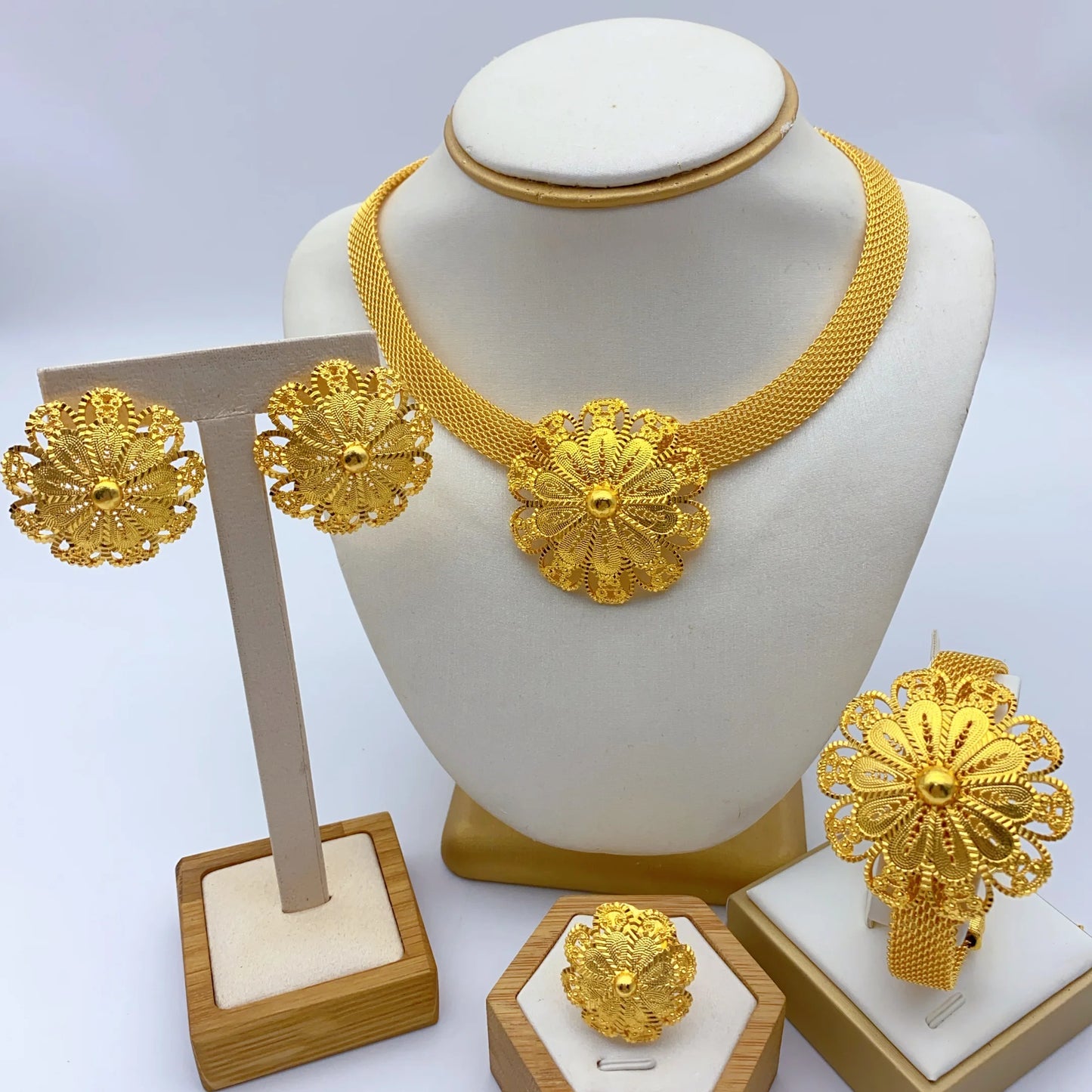 Luxury Ethiopian Round Necklace & Earrings Set | 24K Gold Bridal Jewelry