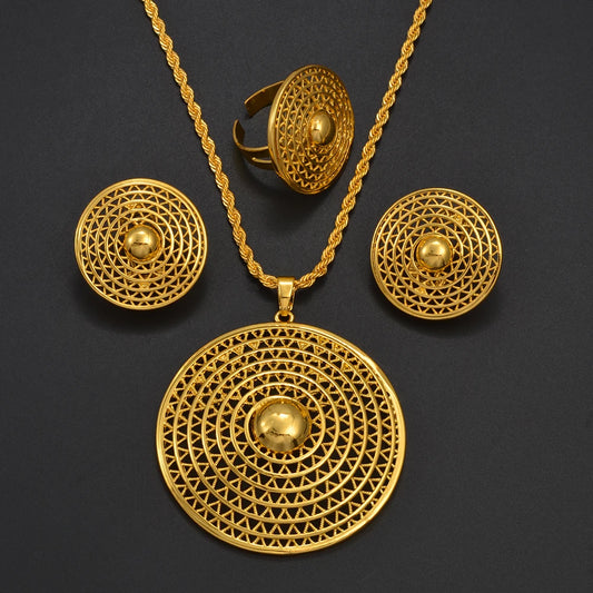 Ethiopian Jewelry Set for Women | New Gold Round Pendant & Earrings