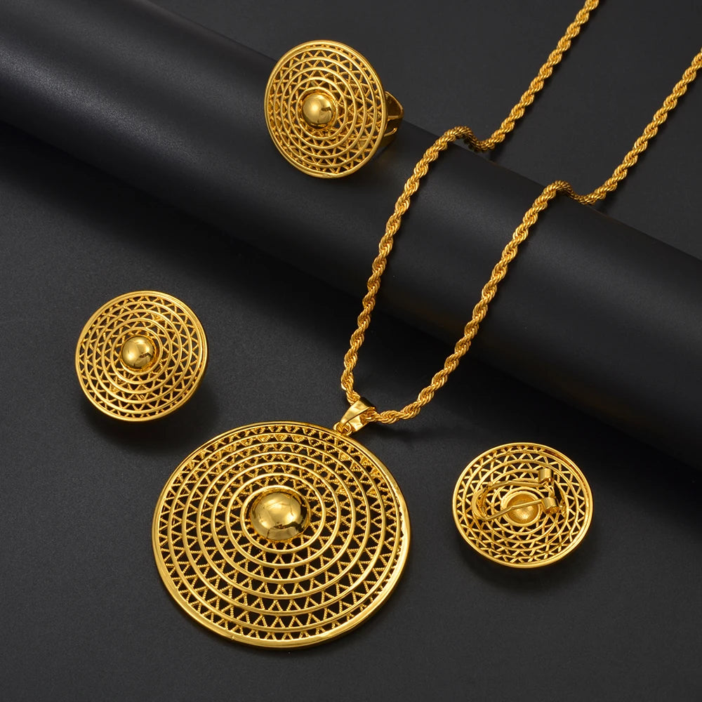 Ethiopian Jewelry Set for Women | New Gold Round Pendant & Earrings