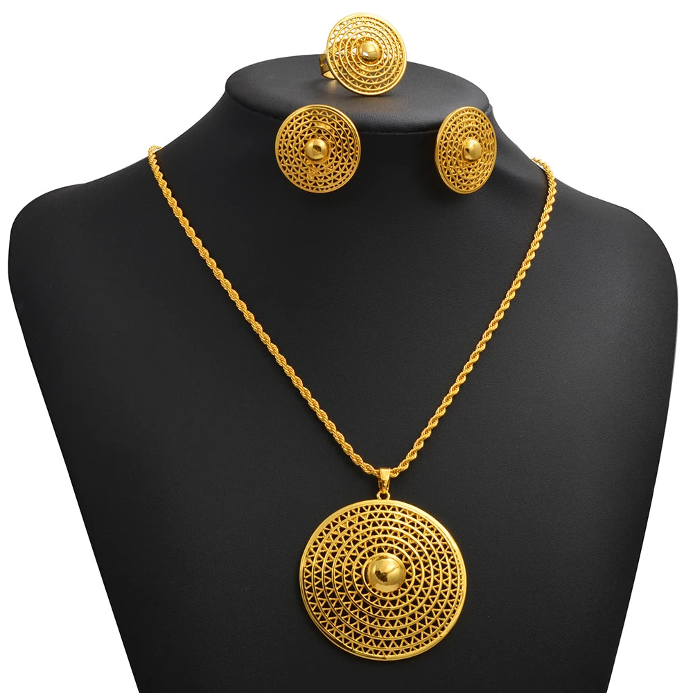 Ethiopian Jewelry Set for Women | New Gold Round Pendant & Earrings