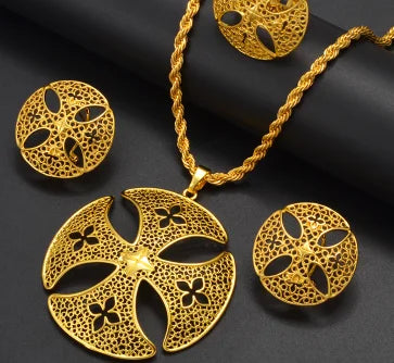 Ethiopian Jewelry Set for Women | New Gold Round Pendant & Earrings