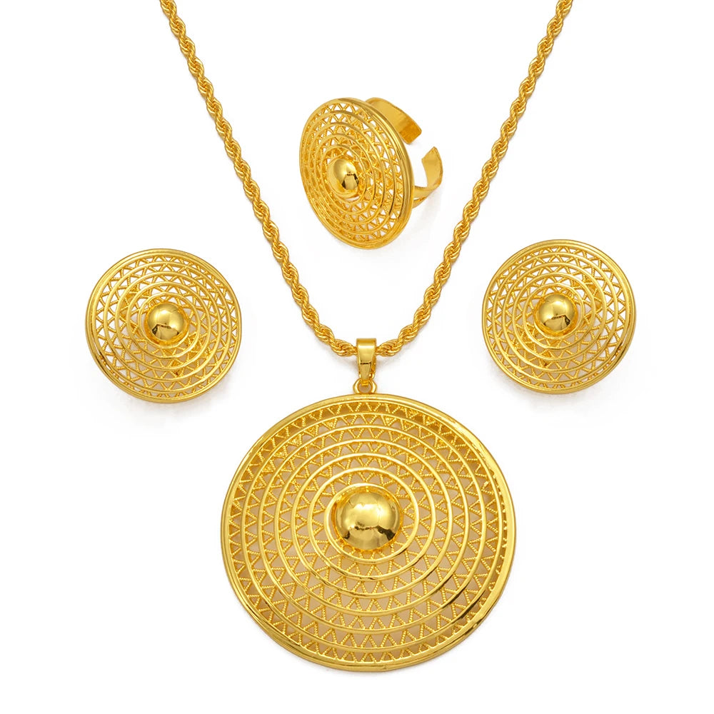 Ethiopian Jewelry Set for Women | New Gold Round Pendant & Earrings