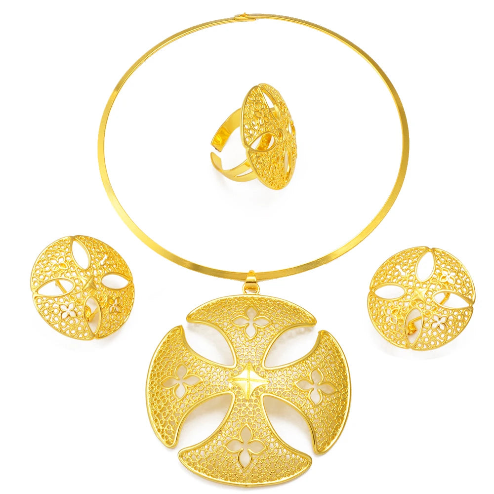 Ethiopian Jewelry Set for Women | New Gold Round Pendant & Earrings