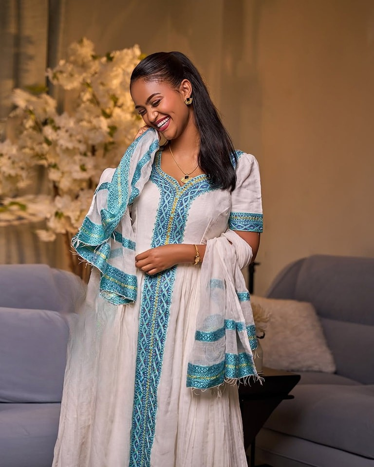 Light Blue Zuria Habesha Kemis | Modern Ethiopian Traditional Dress
