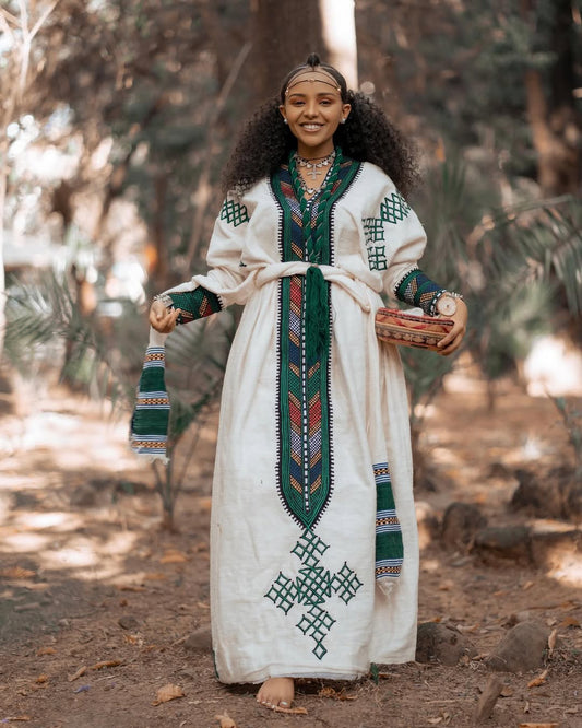 Green Gondar Habesha Kemis | Free-Size Modern Ethiopian Dress