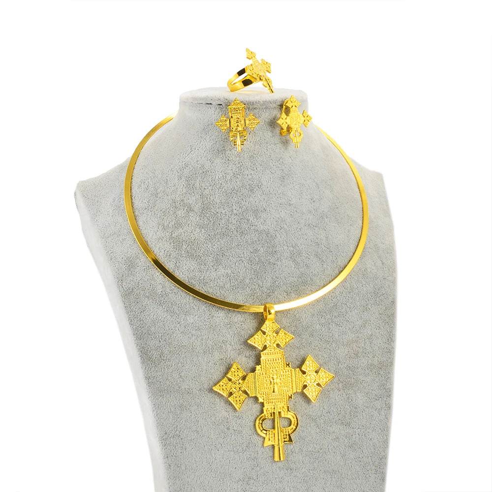 Anniyo African Silver/Gold Color Big Cross Round Chokers Earrings Resizable Ring Jewelry Sets Ethiopian Eritrean Habesha 333806 - EthGebya