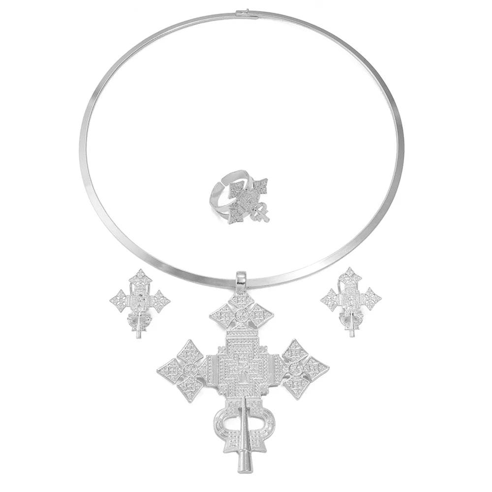 Anniyo African Silver/Gold Color Big Cross Round Chokers Earrings Resizable Ring Jewelry Sets Ethiopian Eritrean Habesha 333806 - EthGebya