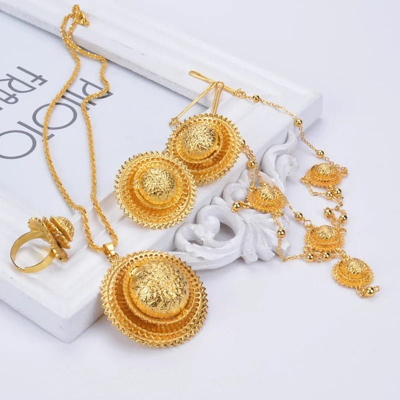Aurelia Ethiopian Bridal Jewelry Set | Gold Earrings, Necklace & Ring - EthGebya