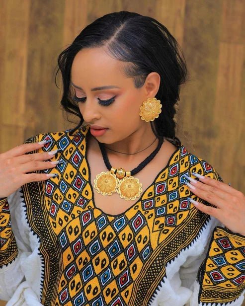 Axum Fetil Habesha Kemis | Dark Elegant Ethiopian Traditional Dress - EthGebya
