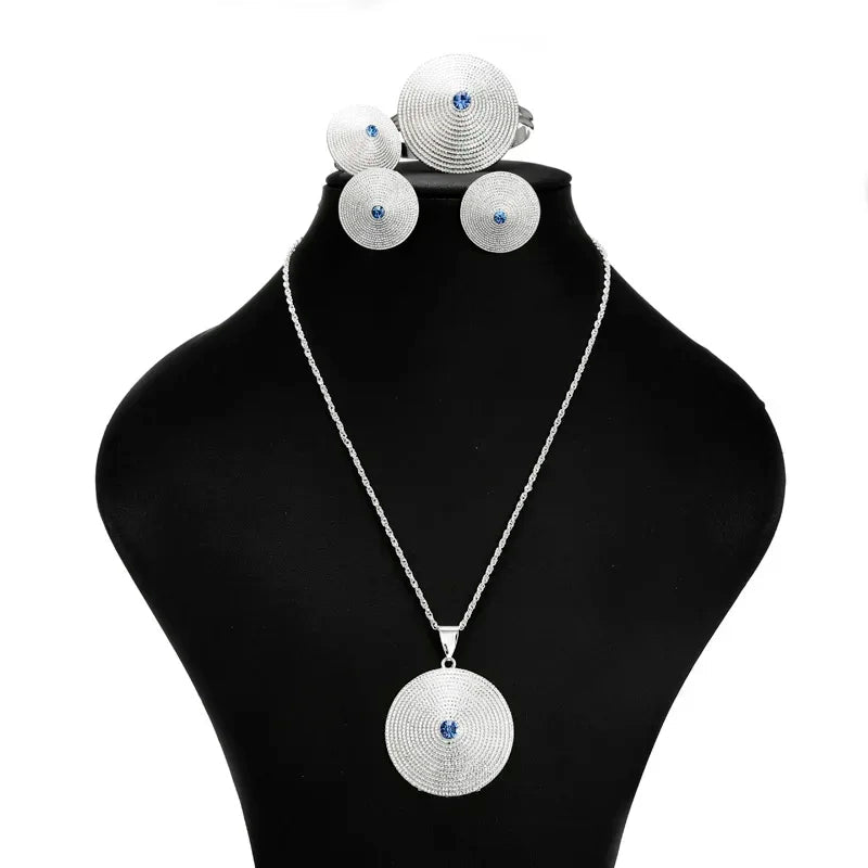 Blue Stone Jewelry Set | Gold & Silver Ethiopian Habesha Style - EthGebya
