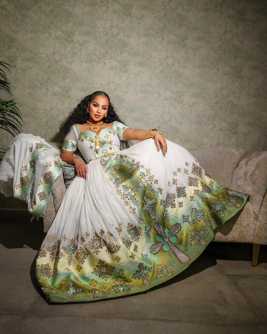 Green Habesha Kemis Dress | Handmade Ethiopian Zuria Outfit