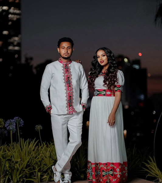 Reddish Habesha Couple Outfit | Modern Ethiopian Matching Set