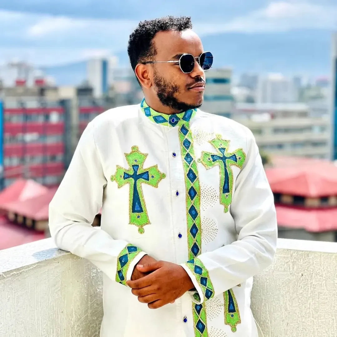 Green Habesha Men’s Shirt | Modern Ethiopian Traditional Wear