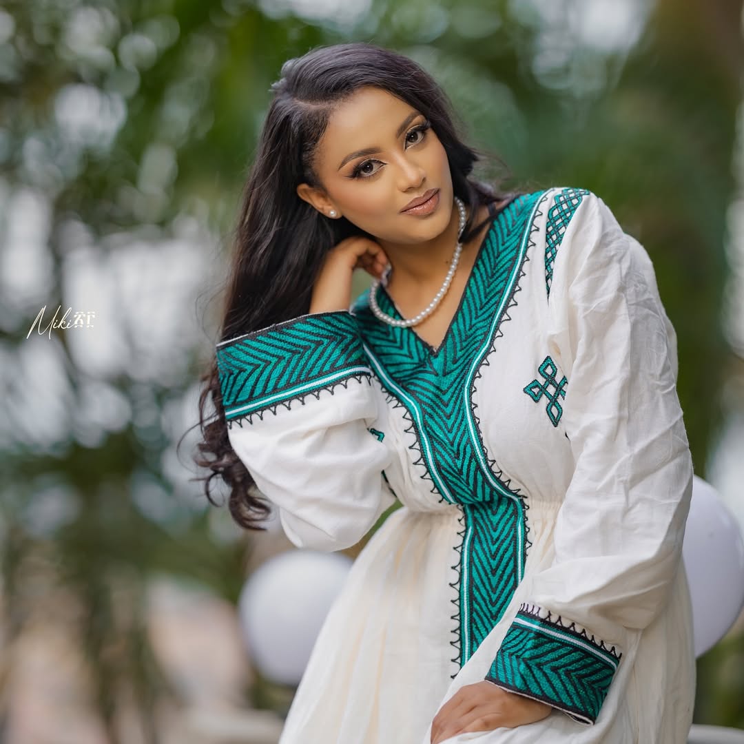 Gondar Habesha Kemis with Emerald Green Tibeb | Handwoven Ethiopian Dress